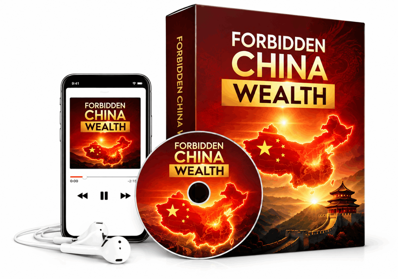 Forbidden China Wealth product bundle featuring a digital guide, smartphone, and disc with China-themed artwork on a warm cream background.