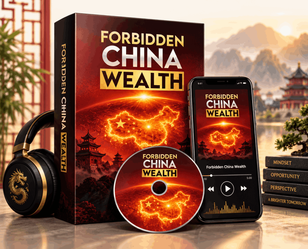 Forbidden China Wealth digital audio product bundle featuring a branded box, smartphone, disc, headphones, and wealth-themed books with a Chinese-inspired background.